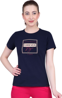 Lactra Printed Women Round Neck Navy Blue T-Shirt