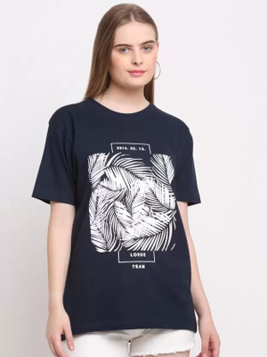 SPOWEARY Printed Women Round Neck Navy Blue T-Shirt