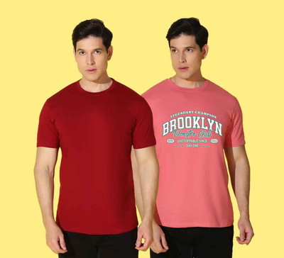 WOOSTRO Solid, Printed Men Round Neck Red, Pink T-Shirt