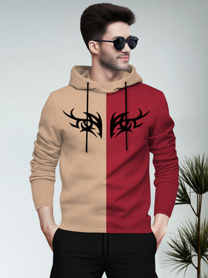 BLIVE Printed Men Hooded Neck Beige, Red T-Shirt