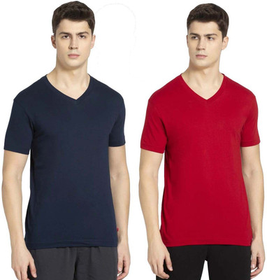 JOCKEY Solid Men V Neck Dark Blue, Red T-Shirt