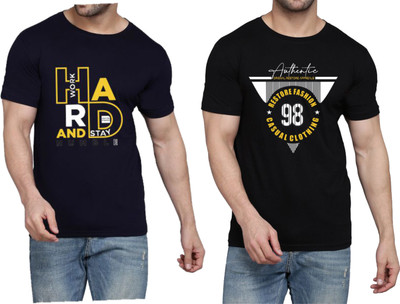 WOOSTRO Printed Men Round Neck Dark Blue, Black T-Shirt