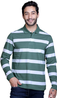 SANE ORIGINALS Striped Men Polo Neck Green T-Shirt