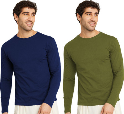 OrrganicChics Solid Men Round Neck Green, Navy Blue T-Shirt