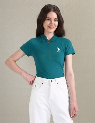 U.S. POLO ASSN. Solid Women Polo Neck Green T-Shirt