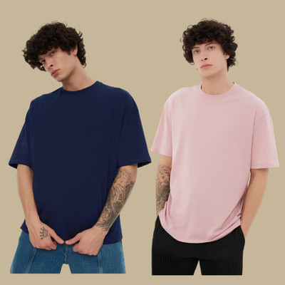 Peach Blossom Solid Men Round Neck Blue, Pink T-Shirt