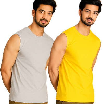 Jangoboy Solid Men Round Neck Grey, Yellow T-Shirt