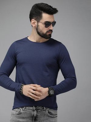 RULEDBYSUN Solid Men Round Neck Navy Blue T-Shirt
