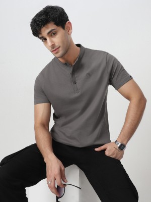 Urbano Fashion Solid Men Mandarin Collar Grey T-Shirt