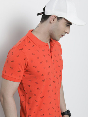 The Indian Garage Co. Printed Men Polo Neck Orange T-Shirt