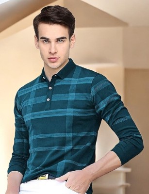 Autna Checkered Men Polo Neck Green T-Shirt