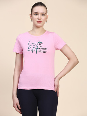 OUTFLITS Typography Women Round Neck Pink T-Shirt