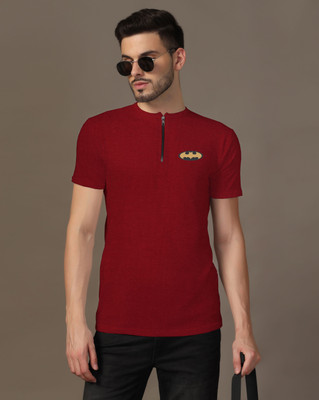 Lawful Casual Printed Men Mandarin Collar Maroon T-Shirt