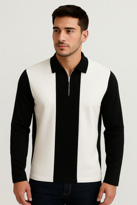 Nachic Self Design Men Polo Neck Black, White T-Shirt