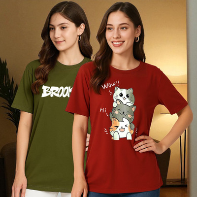 Elvia Graphic Print Women Round Neck Maroon, Green T-Shirt