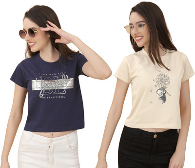 vfesta Typography Women Round Neck Beige, Dark Blue T-Shirt