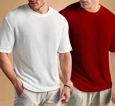 At Last Fashion Self Design Men Round Neck White, Maroon T-Shirt