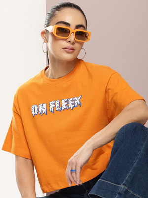 Kook N Keech Printed Women Round Neck Orange T-Shirt