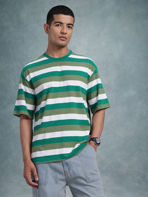Roadster Striped Men Round Neck Green T-Shirt