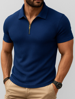 TAZO Solid Men Polo Neck Blue T-Shirt