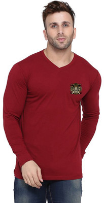 GEUM Solid Men V Neck Maroon T-Shirt