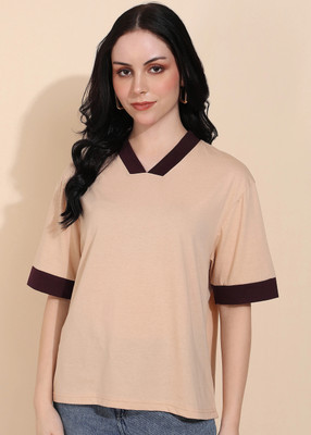Adyavastram Solid Women V Neck Multicolor T-Shirt