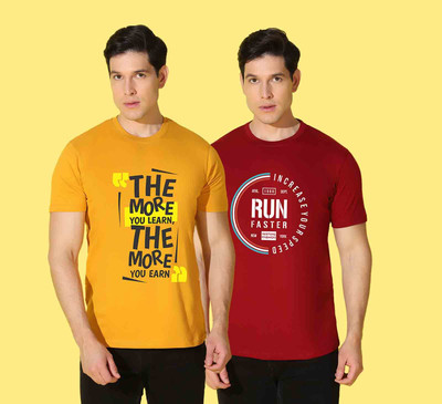 WOOSTRO Printed Men Round Neck Red, Yellow T-Shirt