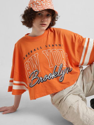 ONLY Typography Women Round Neck Orange T-Shirt