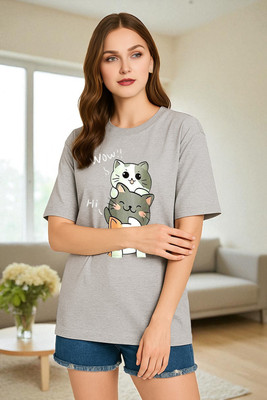 Elvia Graphic Print Women Round Neck Grey T-Shirt