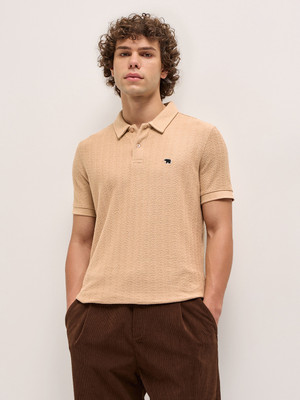 THE BEAR HOUSE Self Design Men Polo Neck Beige T-Shirt