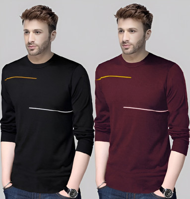 Reya Printed Men Round Neck Maroon, Black T-Shirt