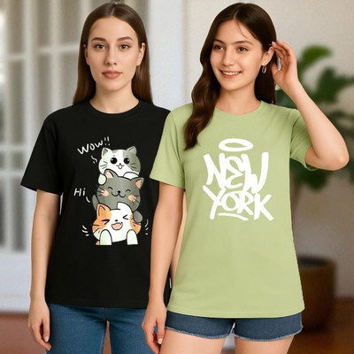 Elvia Graphic Print Women Round Neck Black, Light Green T-Shirt