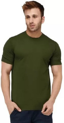 URE Enterprises Solid Men Round Neck Dark Green T-Shirt