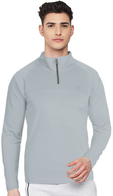 FTX Solid Men Zip Neck Silver T-Shirt