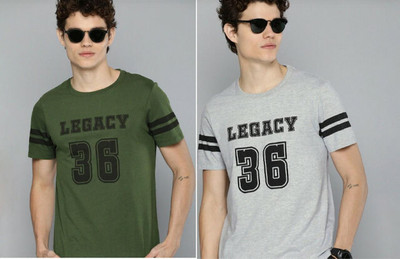 Printed Men Green, Grey T-Shirt(Pack of 2)
