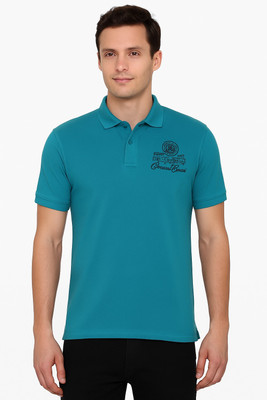 RF Raves Printed, Solid Men Polo Neck Blue T-Shirt