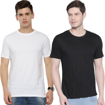 Organic Chics Solid Men Round Neck White, Black T-Shirt