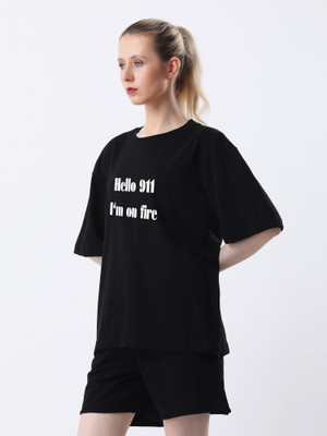 TheBTclub Typography Women Round Neck Black T-Shirt