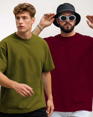 AOOSH Solid Men Round Neck Dark Green, Maroon T-Shirt