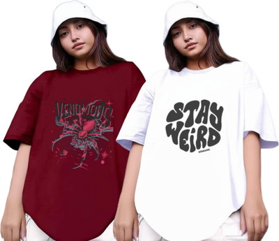 RS FASHION Printed Women Round Neck Maroon, White T-Shirt