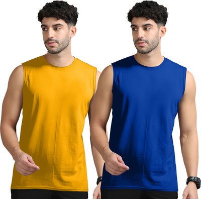 Adorbs Solid Men Round Neck Yellow, Dark Blue T-Shirt