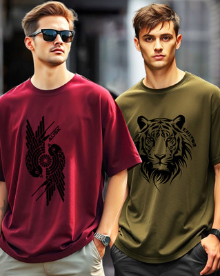 ENITOR Printed Men Round Neck Green, Maroon T-Shirt