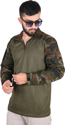 AADAKS SPORTZZ Military Camouflage, Printed, Self Design, Solid Men Zip Neck Multicolor T-Shirt
