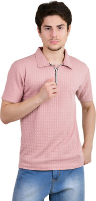 KEOTI Self Design Men Zip Neck Pink T-Shirt