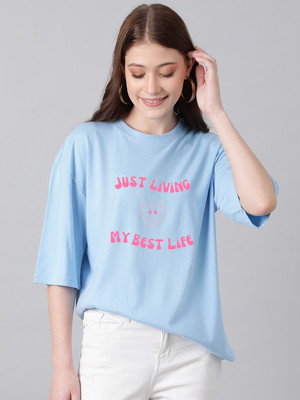 KOTTY Printed Women Round Neck Blue T-Shirt