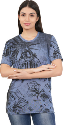 HouseOfCommon Printed Women Round Neck Blue, Black T-Shirt