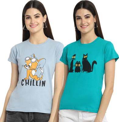 Fabflee Printed Women Round Neck Multicolor T-Shirt