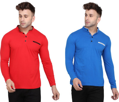 BEYOU FASHION Solid Men Mandarin Collar Red, Blue T-Shirt