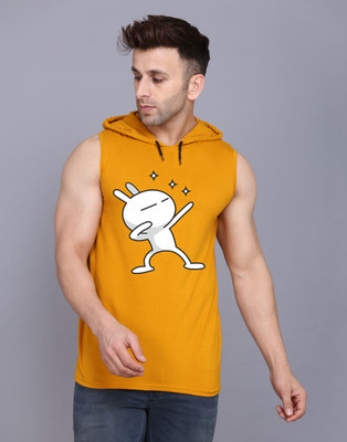 SLOWLORIS Printed Men Hooded Neck Yellow, White T-Shirt