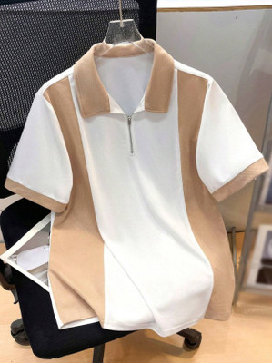 Try This Self Design Men Zip Neck White, Beige T-Shirt